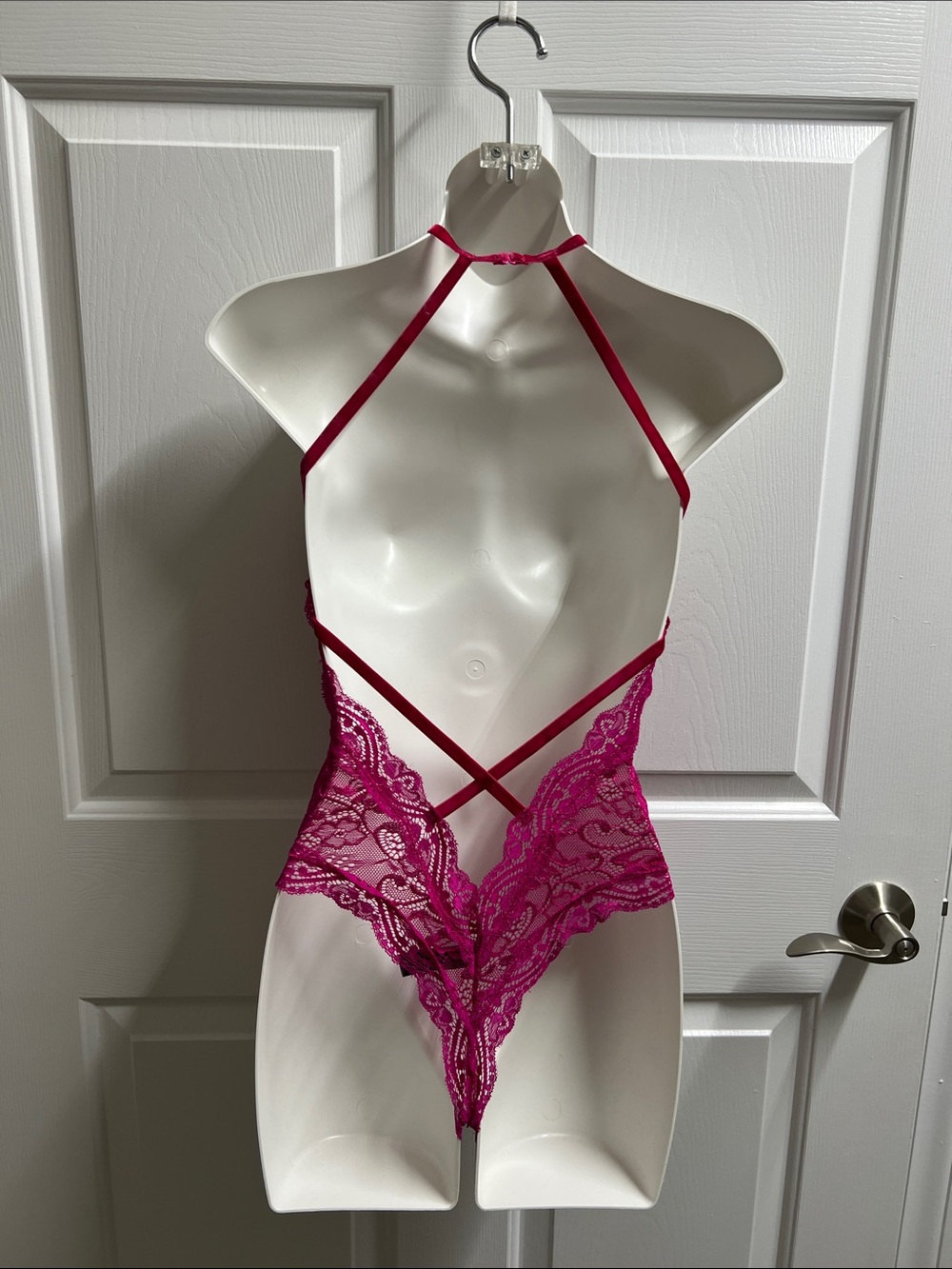 Dreamgirl Hot Pink Lace Halter Teddy see through small S 5126 - Picture 3 of 5